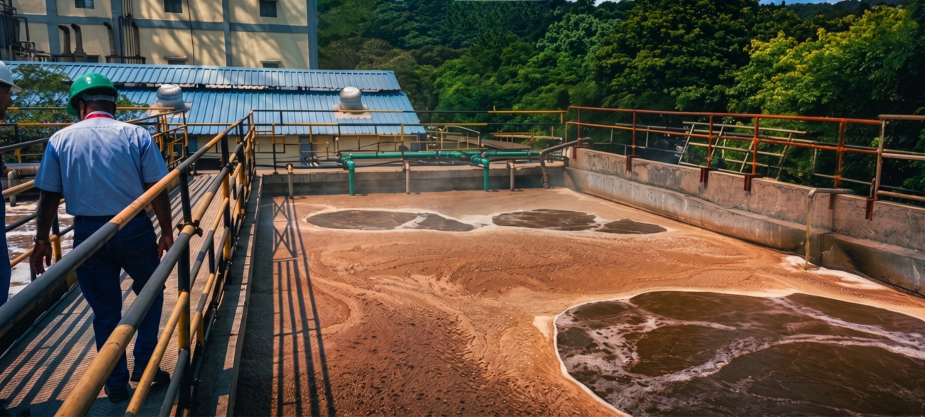 Aerial view of a municipal wastewater treatment plant with rectangular aeration basins
