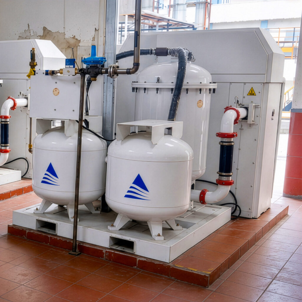 Wide interior view of an equipment plant floor with rows of skid-mounted on-site gas generator units, vertical adsorber vessels, and connecting process piping on red tile flooring.